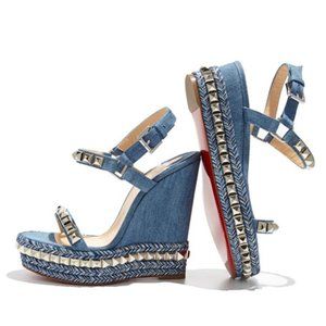 Christian Louboutin Cataclou Denim 140mm Wedge Sandal, 40